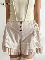 Ruffles Shorts Baggy Button Up High Waist Side Bandage Vintage