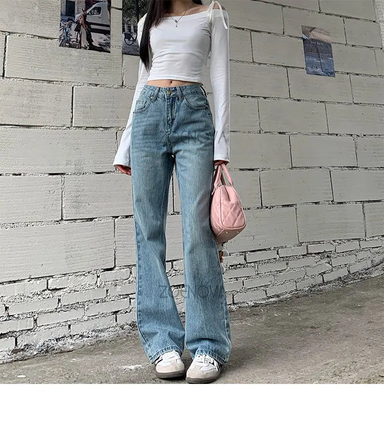 Retro High Waist Straight Women's Jeans Summer Fashion