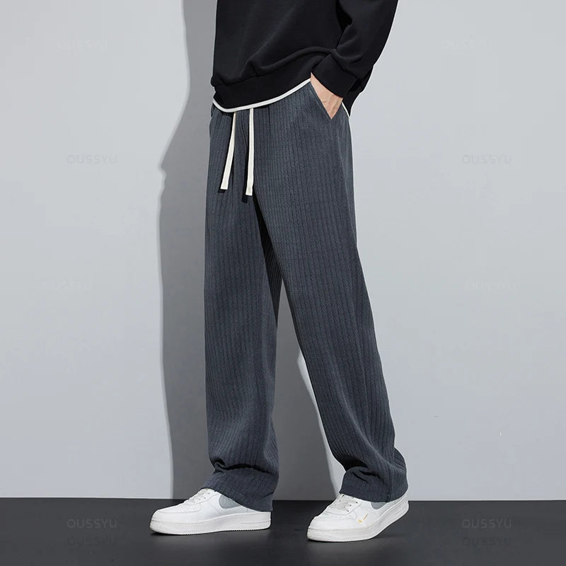 Stretch Stripe Corduroy Pants Thick Elastic Waist Baggy Straight Jogger Trousers