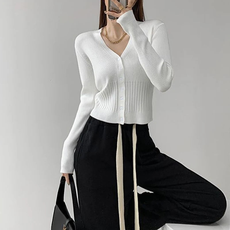 Women's V Neck Cropped Cardigan Stye Single Knit Crop Top