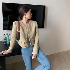 Vintage Tweed Jackets Elegant Chic Double-Breasted with Pocket Jacke