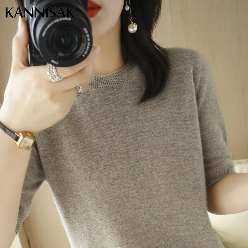 Sweater Short Sleeve O-neck Slim Fit Knitted Pullovers