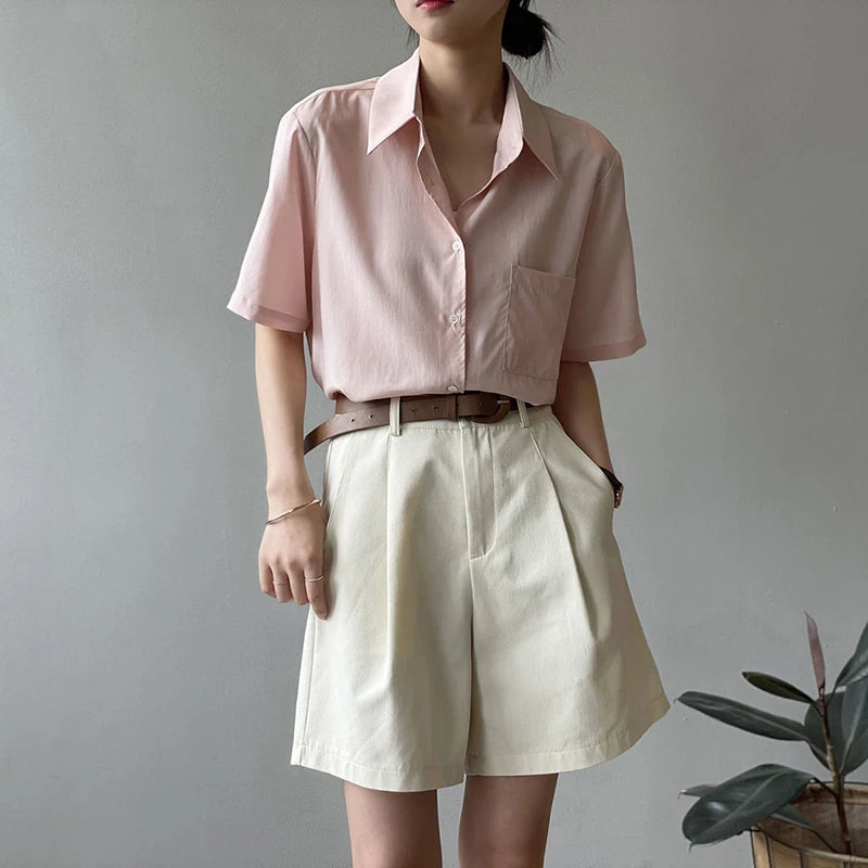 Belt Pure Cotton High Waist Wide Leg A Line Suit Shorts