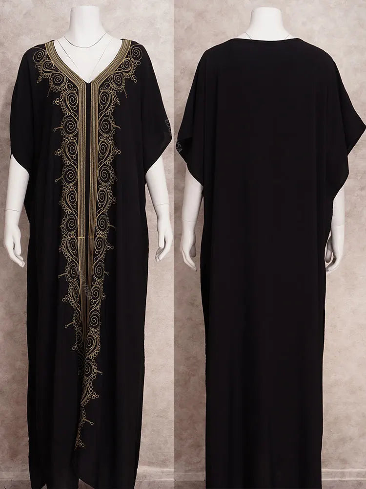 Embroidered Kaftan Long Black Tunic Loose Maxi Dress