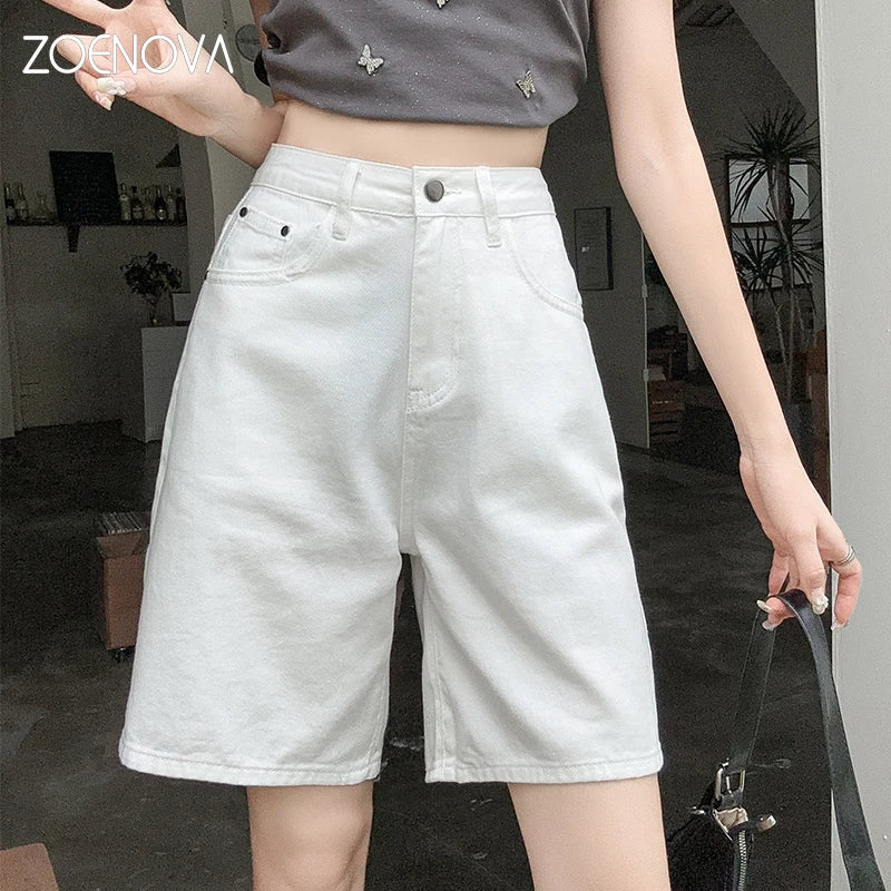 Fashion Simple White Denim Shorts Summer High Waist