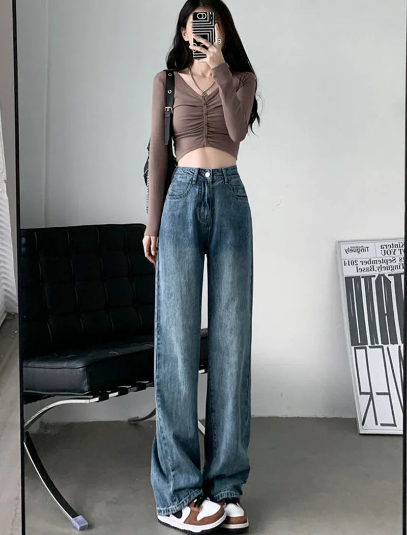 Women's High Waist Straight Jeans Streetwear Boyfriend Denim Pants