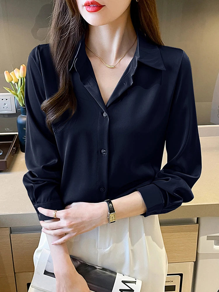 Minimalist Long Sleeve Satin Blouses Shirt Style Solid