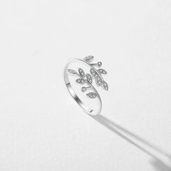 Silver Tree Leaf Finger Adjustable Rings Sparkle Pave