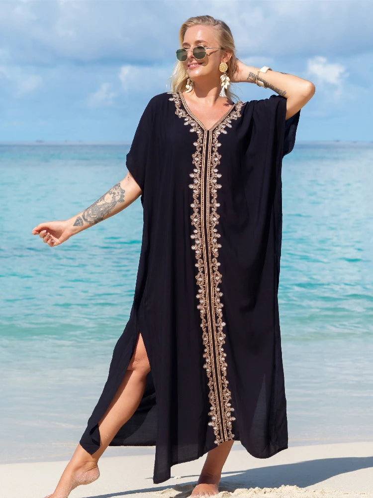 Embroidered Kaftan Long Black Tunic Loose Maxi Dress