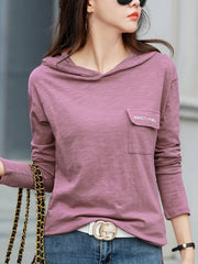 Long Sleeve Hooded Bamboo Cotton T-shirts Patchwork Solid Color