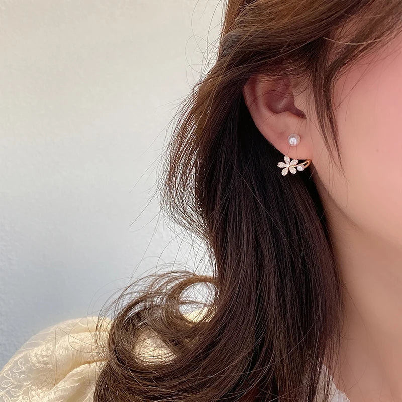 Inlaid Zircon Pearl Flower Earrings Sweet Accessories