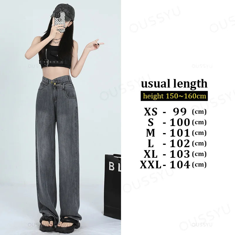 Woman Jeans Thin Loose Wide Leg Straight High Waisted Pant