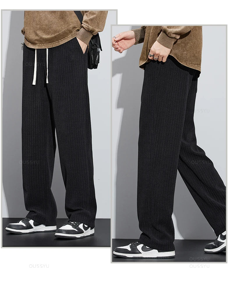 Stretch Stripe Corduroy Pants Thick Elastic Waist Baggy Straight Jogger Trousers