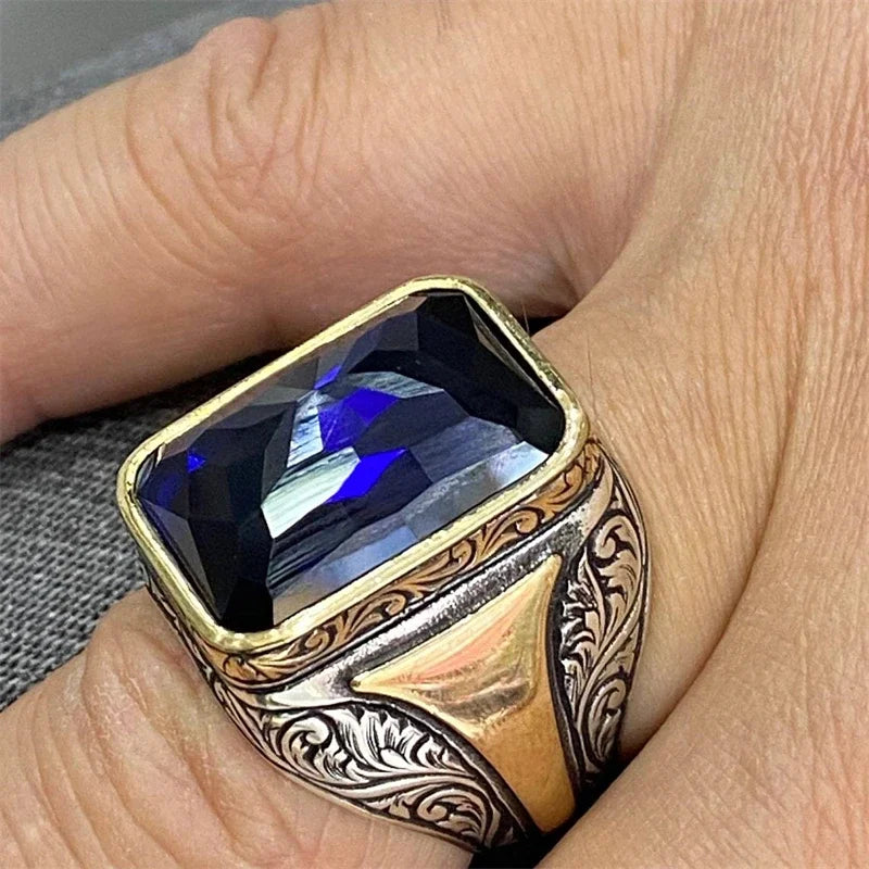 Square Geometry Grave Color Blue Stone Rings for Men Jewelry