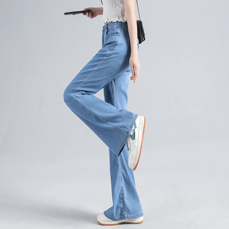 Lyocell Flared Jeans Woman High Waist Denim Pant