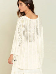 Hollow Out V Neck Long Sleeve Knitting Bikini Cover-ups