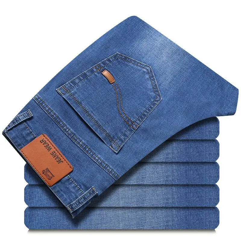 Classic Thin Denim Jeans Lightweight Elastic Simple Casual Trousers