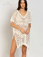 White Mesh Dress Bikini Cover-ups See Through Hollow Out Mini Dress