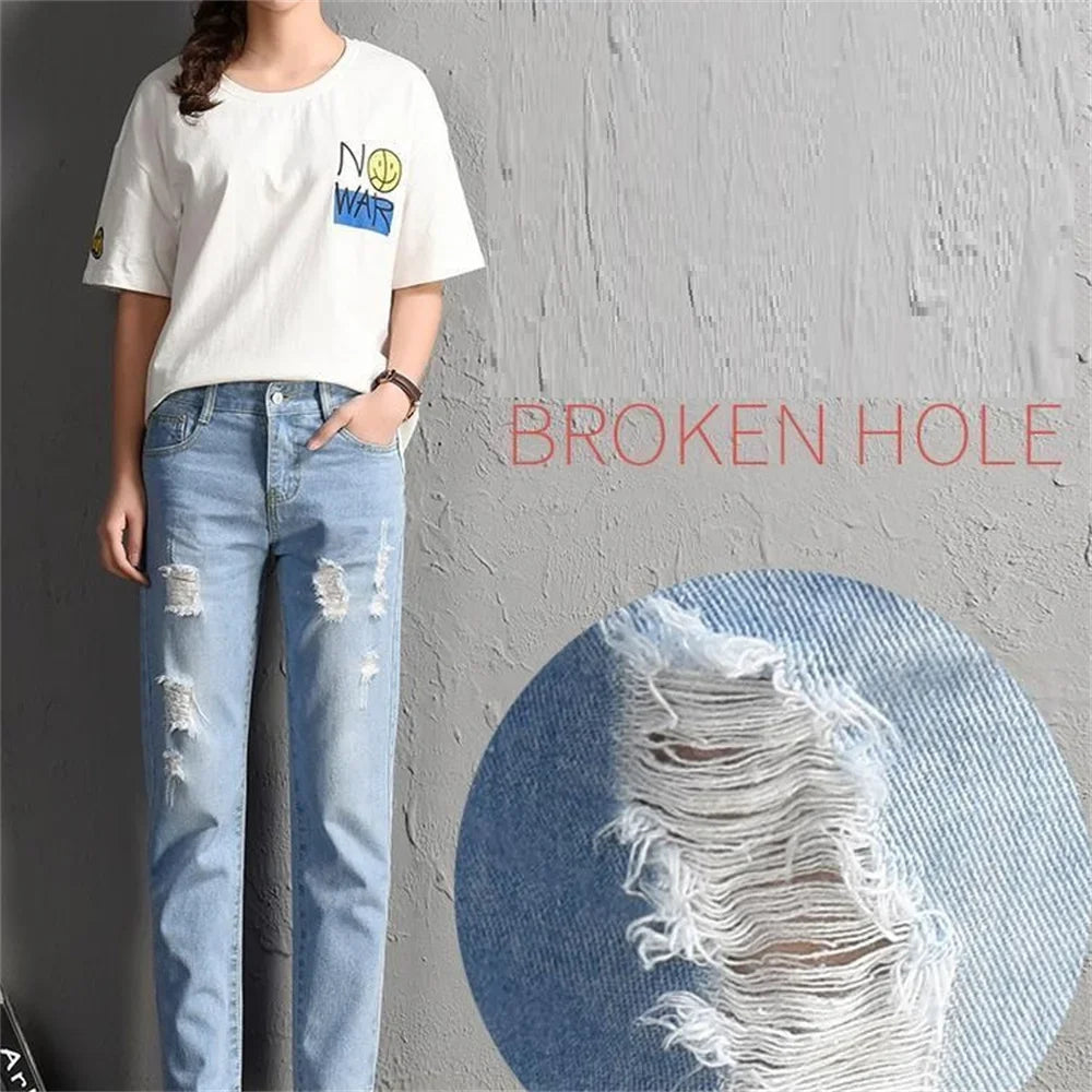 Fashion Mid Waist Boyfriend Big Ripped Hole Jeans Casual Denim Pants