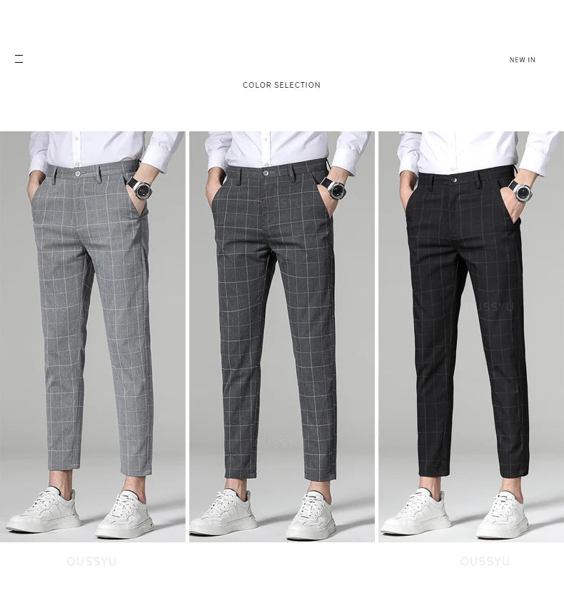 Plaid Stripe Ankle Length Men Business Long Length Pant