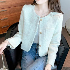 Fashion Tweed Cropped Jackets Round Neck Chic Coat