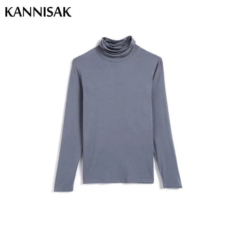 Women T-shirt Turtleneck Casual Slim High Solid Top