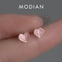 Silver Pink Enamel Hearts Stud Earrings Jewelry