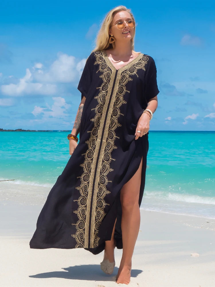 Embroidered Kaftan Long Black Tunic Loose Maxi Dress