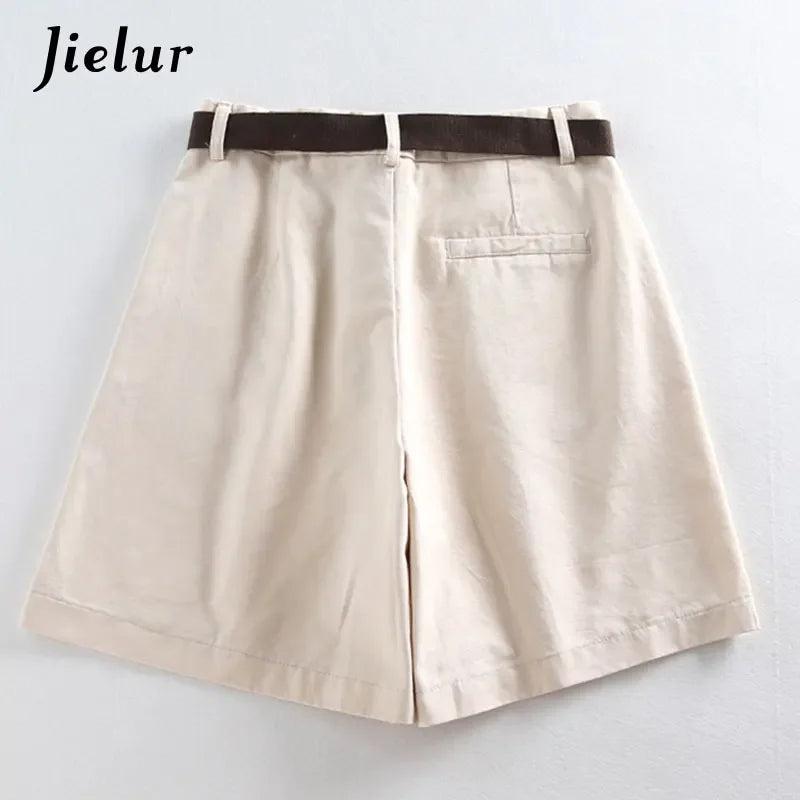 Shorts All-match 4 Solid Color Sashes Casual Shorts A-line High Waist