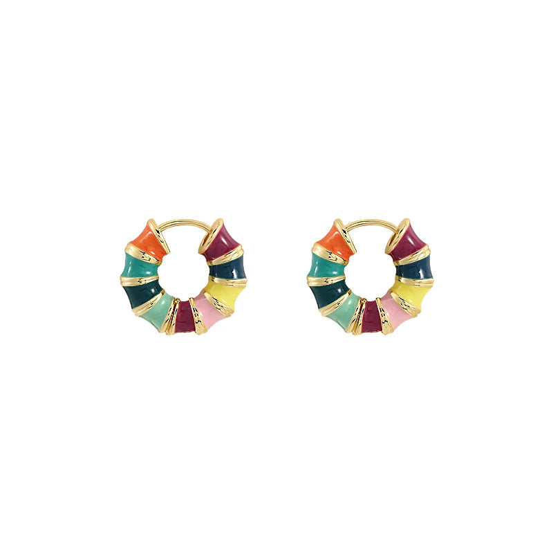 Retro Color Enamel Round Gold Color Ear Buckle Hoop Earrings