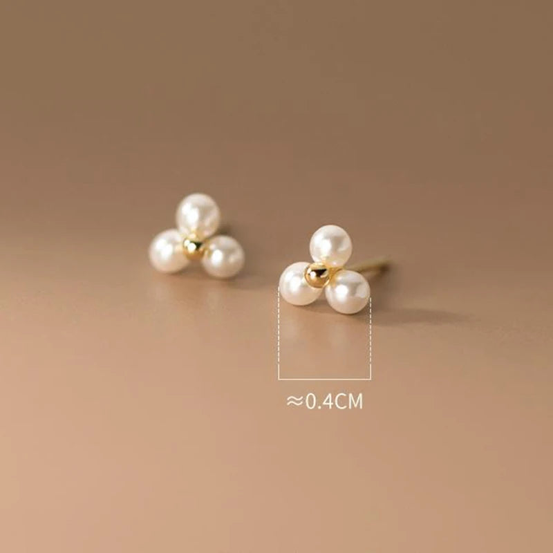 Silver Classic Simple Three Synthetic Pearl Small Stud Earrings