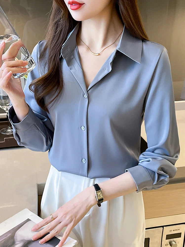 Minimalist Long Sleeve Satin Blouses Shirt Style Solid