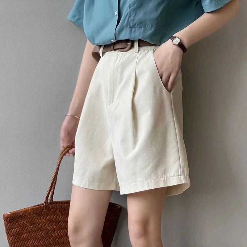 Belt Pure Cotton High Waist Wide Leg A Line Suit Shorts