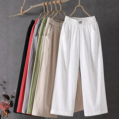 Summer Elastic Waist Women's Pants Casual Solid Cotton Linen Ankle Length