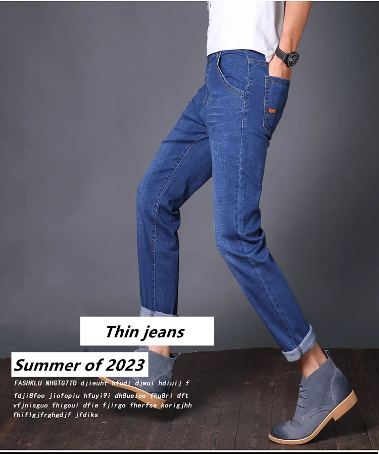 Classic Thin Denim Jeans Lightweight Elastic Simple Casual Trousers