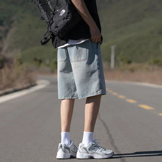 Men's Summer Baggy Straight Denim Shorts Elastic Waist Fashion