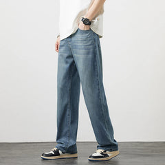 Thin Men's Lyocell Loose Straight Jeans Wide Leg Denim Trousers