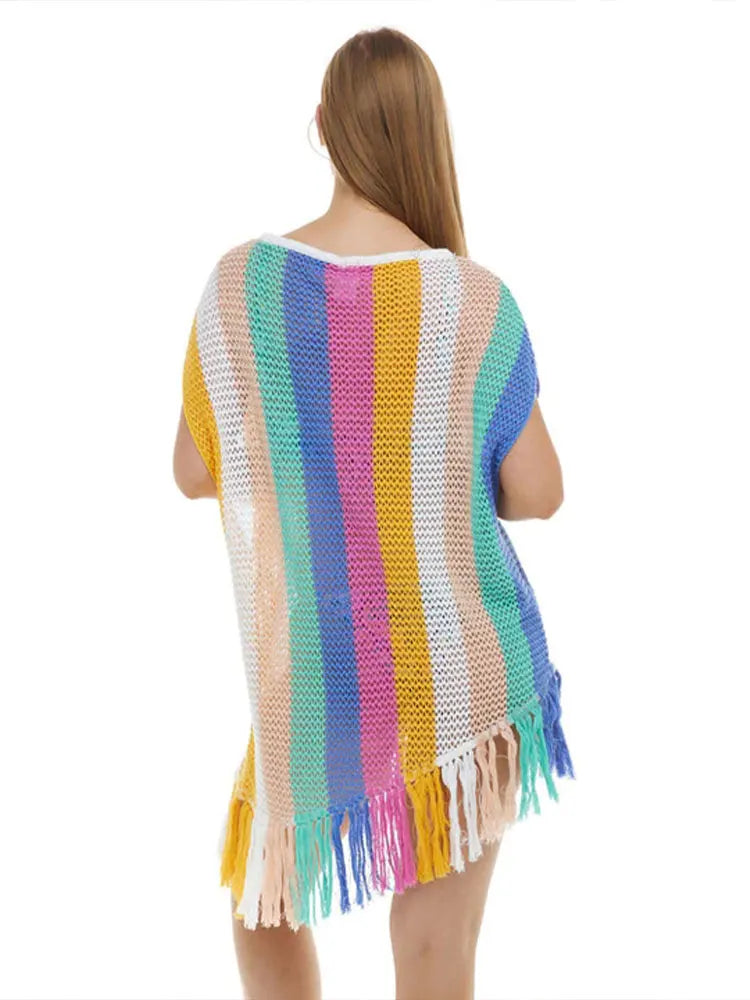 Stripe Tassel Casual Short Sleeve Knitting Bikini Cover-ups