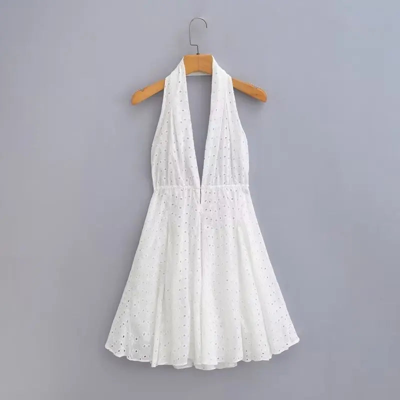 Deep V Neck Sleeveless Backless Lace Dress Casual Embroidery