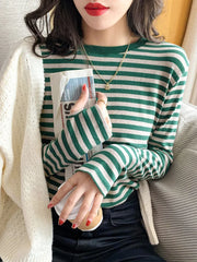 Fashion Stripe T-shirts Women O-neck Long Sleeve