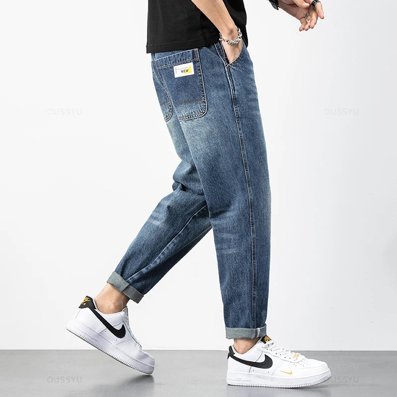 Men Harem Ankle Length Pants Classic Retro Denim Trousers Male