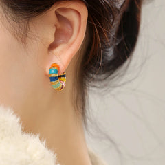 Retro Color Enamel Round Gold Color Ear Buckle Hoop Earrings