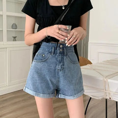 Summer Women Wide Leg Jeans Shorts High Waist Buttons