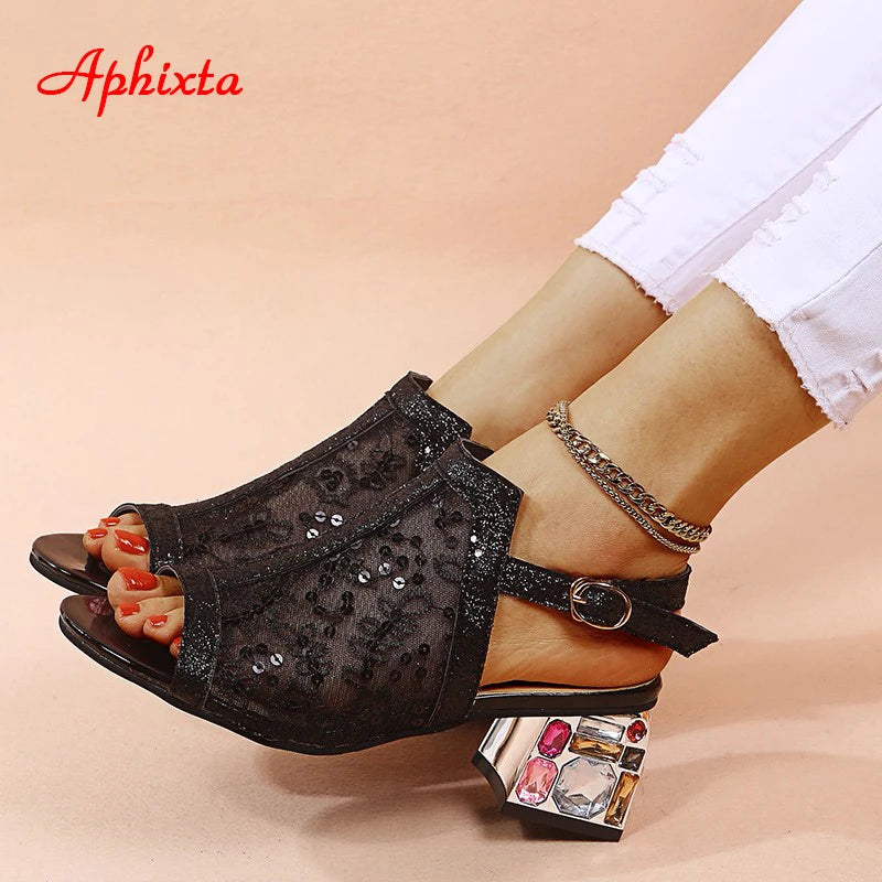 Air Mesh Colorful Diamonds Square Heel Sandals Peep Slippers