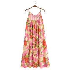 BOHO Orange Flower Bird Print Midi Long Dress