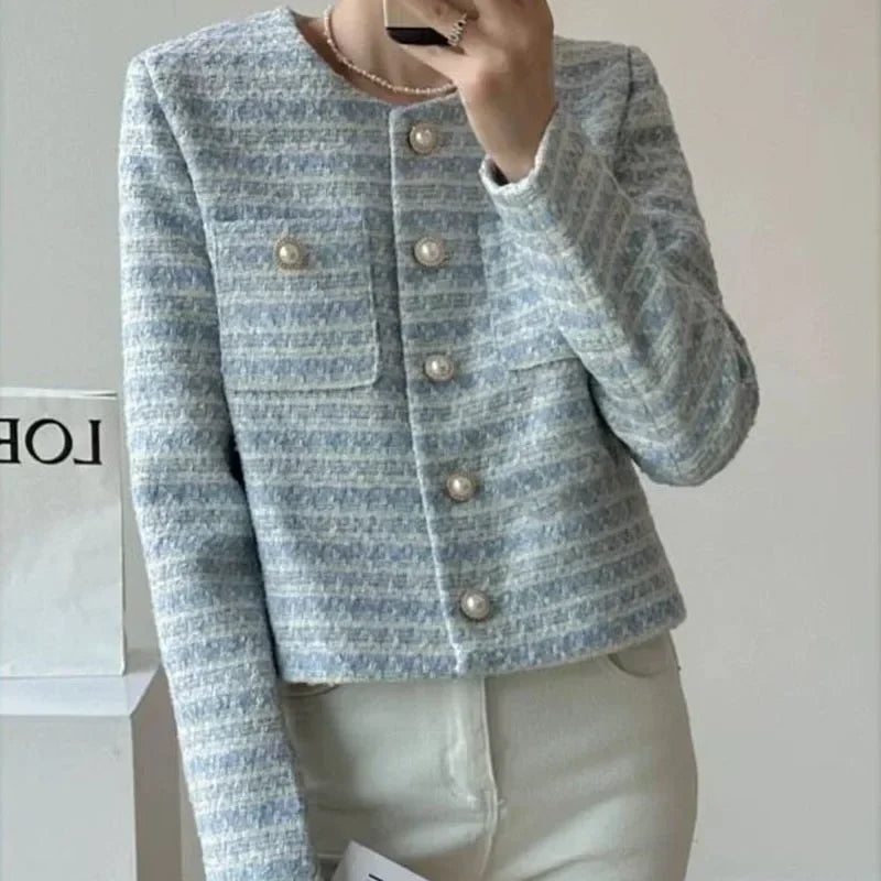 Women Tweed Coat Fashion Single Breasted Cropped Jacket