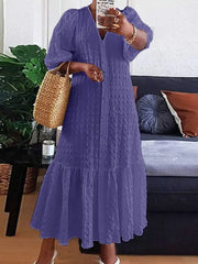 Summer Casual Solid Color Robe V Neck Puff Sleeve Stylish Maxi Sundress