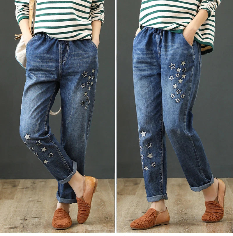 Women's Denim Pants Vintage Flower Embroidery Casual Loose