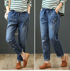 Women's Denim Pants Vintage Flower Embroidery Casual Loose
