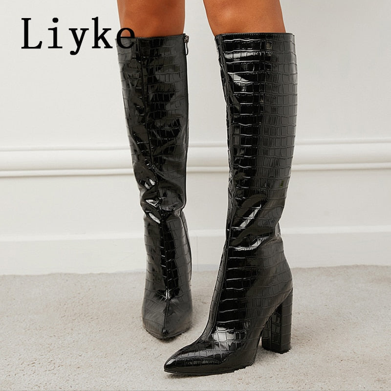 Pointed Toe Zip Knee High Boots Fashion Print Square Heels